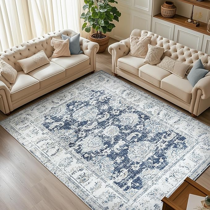 jinchan 8x10 Area Rugs for Living Room Machine Washable Vintage Floral Distressed Design Stain Resistant Boho Carpet Low Pile Non-Slip Rug for Bedroom Dining Room Home Office (8‘x10',Dark Blue)-CubbioJoy