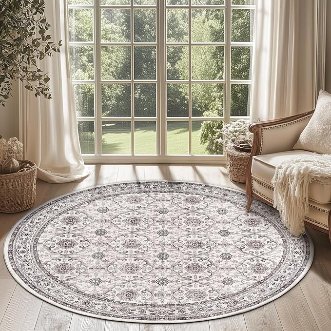 jinchan Round Rug 5ft Washable Circle Soft Rug - Low Pile Vintage 5'Round Indoor Beige Floral Print Stain Resistant Boho Carpet Ultra-Thin Non-Slip for Entryway Nursery Bedroom Dining Room Kitchen-CubbioJoy