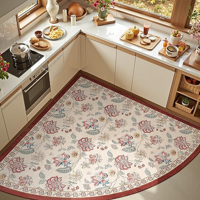 jinchan Floral Corner Rug for Kitchen Washable Nursery Rug Vintage Romance Design Non Slip Quarter Circle Lightweight Low-Pile Throw Carpet for Playroom Reading Nook Office, 5ft Radius, Red/Beige-CubbioJoy