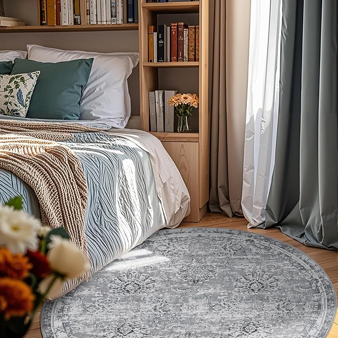 jinchan Round Rug 6ft Area Rug - Grey Vintage Floor Mat Kitchen Indoor Ultra-Thin Soft Floral Print - Washable Circle 6' Retro Accent for Farmhouse Non Slip Dining Room Living Room Bedroom Office-CubbioJoy