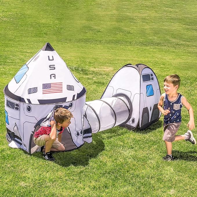 JOYIN White Rocket Ship Pop up Play Tent with Tunnel and Playhouse Kids Indoor Outdoor Spaceship Tent Set-CubbioJoy