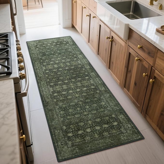 2'6x8' Washable Runner Rug for Hallway, Non Slip Vintage Floral Long Carpet Runners for Entryway, Kitchen, Bathroom, Bedroom, Low Pile Laundry Rugs Rubber Backing (Distressed Green)-CubbioJoy