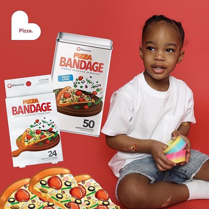BioSwiss Bandages, Pizza Shaped Self Adhesive Bandage, Latex Free Sterile Wound Care, Fun First Aid Kit Supplies for Kids, 24 Count-CubbioJoy