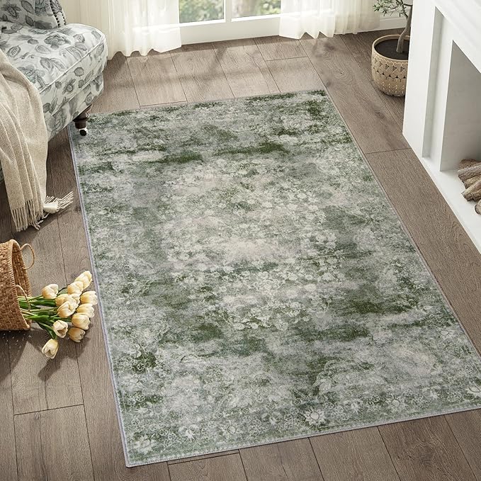 jinchan Green Floral 3x5 Area Rugs for Entryway - Machine Washable Vintage Distressed Design Low-Pile Soft Non-Shedding Carpet for Kitchen Bedside Laundry Living Room (3x5ft, Forest Green)-CubbioJoy