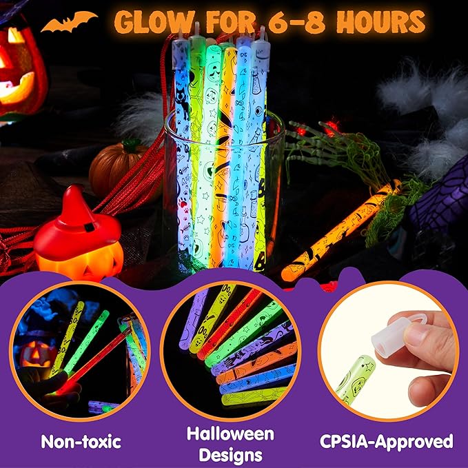 JOYIN 30 Pcs Halloween Glow Sticks Bulk Party Pack, Hanging Wands in 8 Design, 6 Color Light Up Stick for Kid Glow in The Dark Halloween Party Favor Supplies, Goodie Bag Filler, Trick or Treating Gift-CubbioJoy