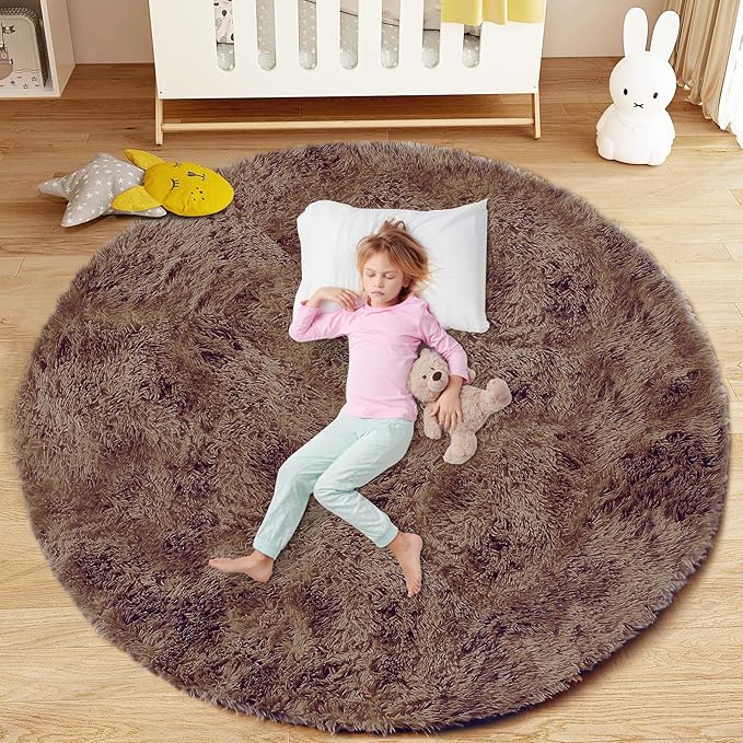 4FT Round Rug for Bedroom: Fluffy Shag Soft Washable Rugs Circle Small Fuzzy Plush Indoor Carpet for Living Room Nursery Playroom Dorm Kids Girls Boys Room (Coffee, 4'x4')-CubbioJoy