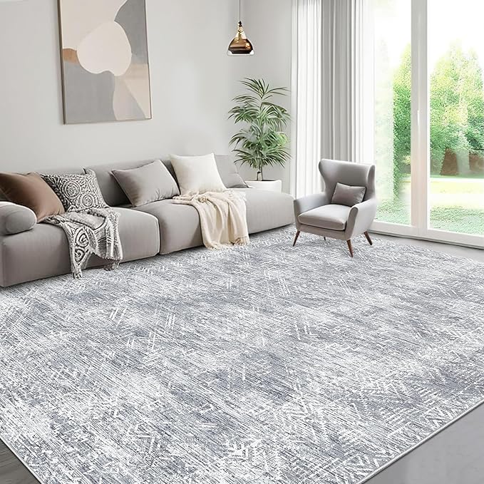 COZYLOOM 5x7 Rug Living Room Modern Washable Distressed Accent Carpet with Non-Slip Backing, Ultra-Soft Contemporary Geometric Floor Mat for Kitchen, Bedroom, Grey-CubbioJoy