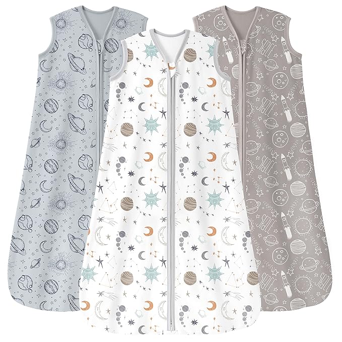 Baby Sleep Sack 6-12 Months 3 Pack 100% Cotton Lightweight 0.5 TOG Wearable Blanket Baby Sleep Bag with 2-Way Zipper for Newborn Infant White Gray Blue Space-CubbioJoy