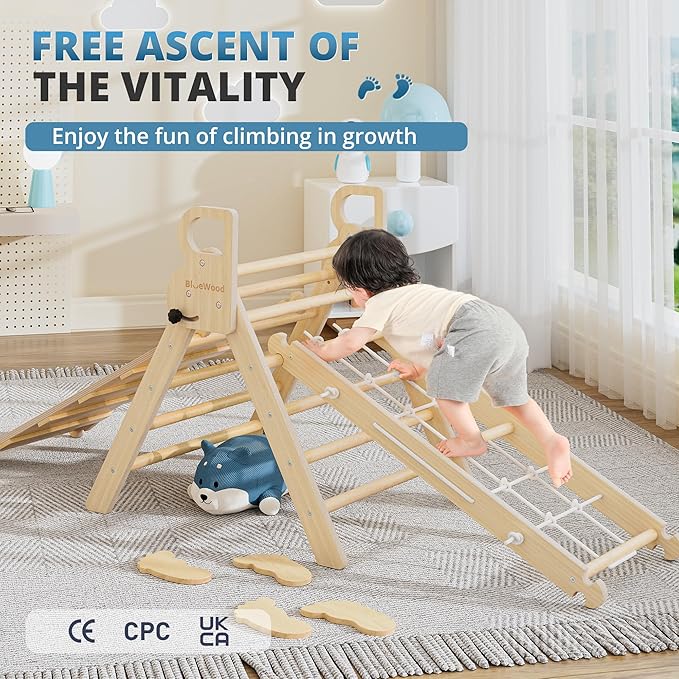 BlueWood 10-in-1 Pikler Triangle Set, Toddler Climbing Toys Indoor, Montessori Climber, Baby Jungle Gyms with Arch, Extra Rope Ladder & Footprint Balance Beam - Natural Rustic-CubbioJoy