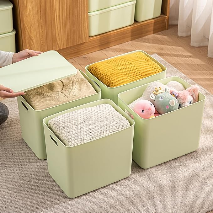 4 pack large plastic White storage bins Baskets, Toy Box Chest with Lids and Handle，Organizer Containers for Baby，Kids,snacks,Nursery，Shelves，Playroom, Bedroom，Office,Closet，home-CubbioJoy