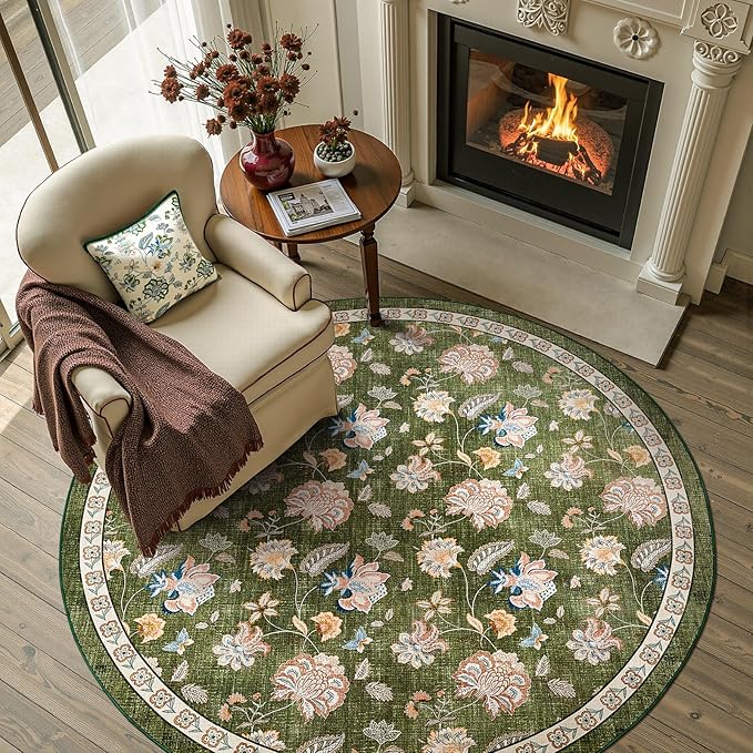 jinchan 5ft Floral Round Rug for Entryway Washable Kitchen Rug Vintage Romance Design Non Slip Indoor Doormat Lightweight Low-Profile Throw Carpet for Living Room Dining Room Bedroom, Green-CubbioJoy