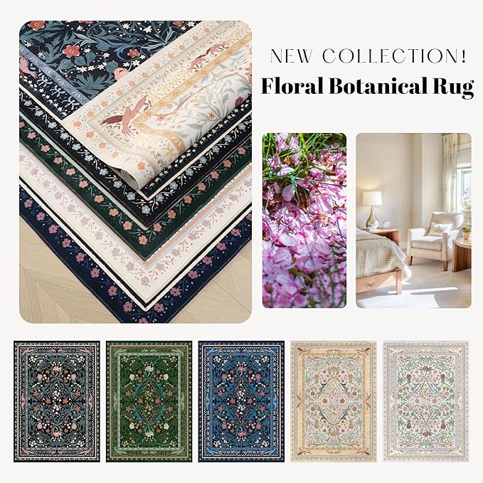 Bedroom Rug 3x5 Rug Washable Area Rug Non Slip Low Pile Vintage Floral Botanical Small Carpet for Bedroom, Bedside, Kitchen, Entryway, Kids Room, Office, Beige-CubbioJoy