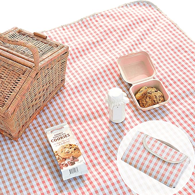 Cute Gingham Picnic Blanket, Waterproof Foldable, in Large 80x60in and Extra Large 80x80in, Portable Compact Beach Blanket, Oversized XL Outdoor Mat (Coral Pink, Large)-CubbioJoy