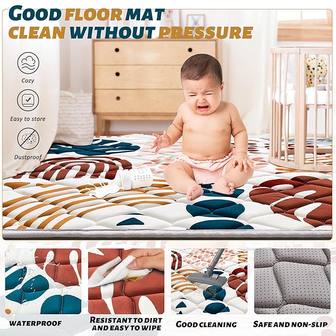 Baby Play Mats for Floor, 47x47 Playpen Mat for Babies, Extra Thicker & Soft Floor Crawling Mat, Foldable Non-Slip Playmat Cushioned for Infants Toddlers, Boho Leaf Design-CubbioJoy