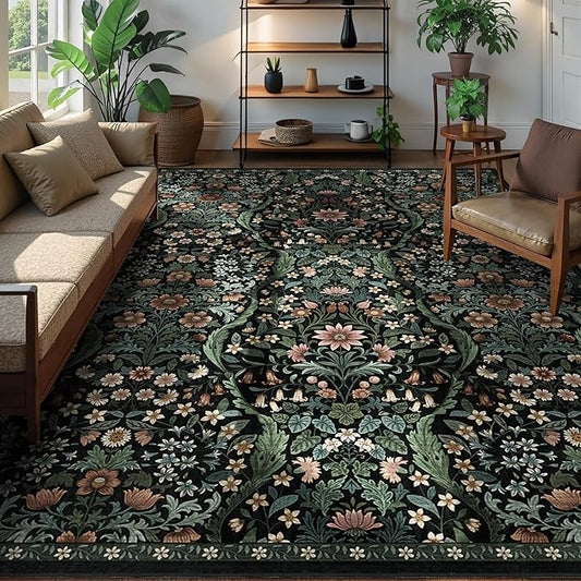 8x10 Washable Area Rug for Living Room, Large Vintage Black Floral Rugs, Soft Non-Slip Stain Resistant Boho Lightweight Carpet for Bedroom Dining Room Nursery Home Office-CubbioJoy