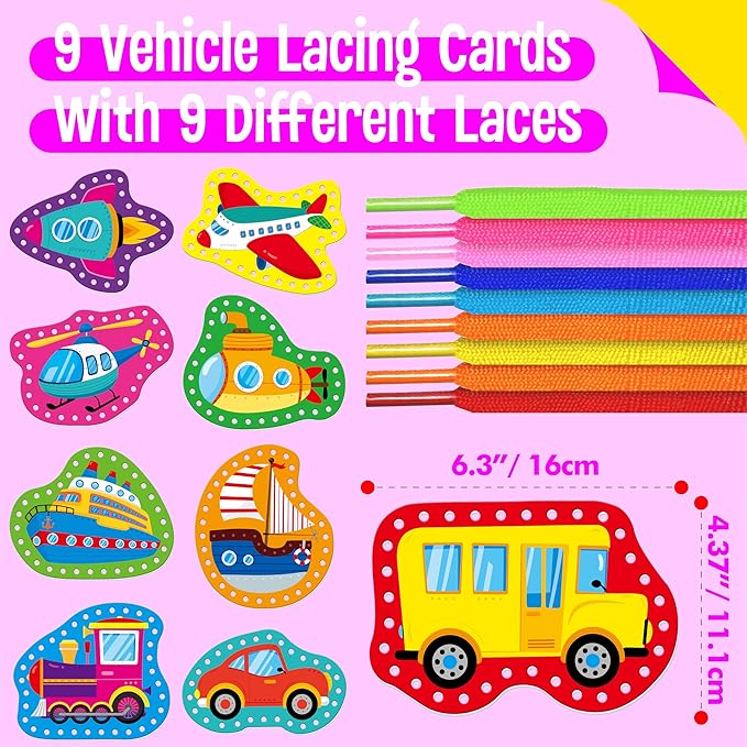 9 Pieces Kids Lacing Cards, Double Sided Vehicle Sewing Cards with 9 Colorful Laces, Imagination Development Lacing Toys Games for Children Educational and Learning Activity-CubbioJoy