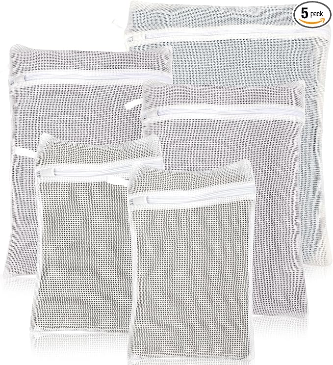 5-Piece Organic Cotton Laundry Bags with Zipper and Hanging Loop, 3 Sizes (S, M, L) Mesh Laundry Bag, Durable Cotton Mesh Laundry Bag for Delicate Underwear and Socks.-CubbioJoy