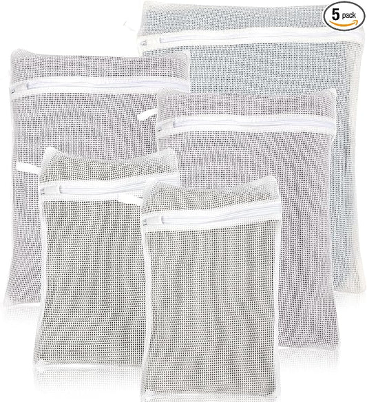 5-Piece Organic Cotton Laundry Bags with Zipper and Hanging Loop, 3 Sizes (S, M, L) Mesh Laundry Bag, Durable Cotton Mesh Laundry Bag for Delicate Underwear and Socks.-CubbioJoy