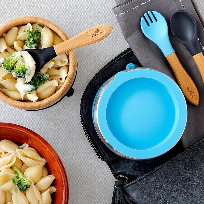 Avanchy Baby Fork Set, Bamboo and Silicone Spork Utensils, Toddler Baby Led Weaning Silverware Cutlery Flatware, Kids First Self Feeding-CubbioJoy