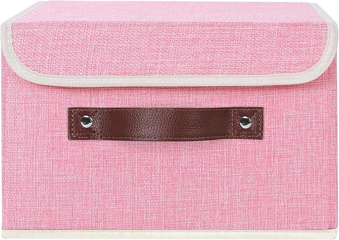 ANMINY Storage Bin with Lid Storage Boxes with PU Leather Handles PP Plastic Board Decorative Foldable Lidded Cotton Linen Fabric Home Cubes Baskets Closet Organizer Container - Pink, Small Size-CubbioJoy