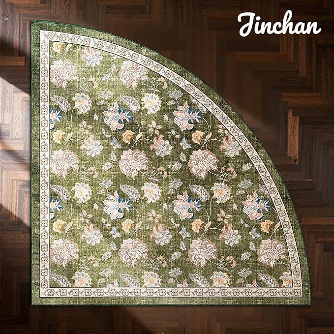 jinchan Floral Corner Rug for Living Room Washable Bedroom Rug Vintage Romance Design Non Slip Quarter Circle Lightweight Low-Pile Throw Carpet for Reading Nook Playroom,6ft Radius, Green-CubbioJoy