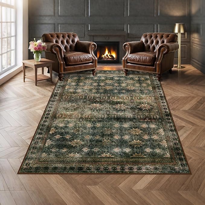 4x6 Area Rug for Bedroom Machine Washable, Non Slip Vintage Floral Kitchen Rugs for Dining Room, Rustic Indoor Floor Carpet for Kids Room, Playroom, Farmhouse(Dark Green/Brown/Multi)-CubbioJoy