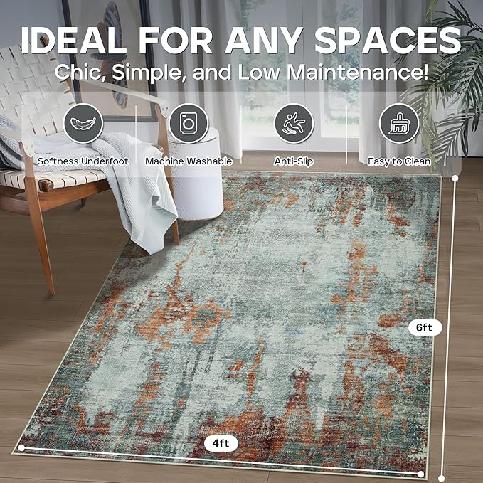 4x6 Area Rugs for Living Room Rug Washable: Modern Large Rug for Dining Room Bedroom Carpet Non Slip Low Pile 4 by 6 Indoor Abstract Nursery Home Office Red Brown-CubbioJoy