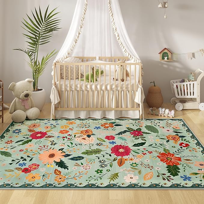 5x7 Washable Rug for Living Room, Green Floral Area Rug, Non Slip Low Pile Soft Flower Carpet, Large Rugs for Bedroom, Dining Room, Office, Kids Playroom, Nursery, Sage Green-CubbioJoy