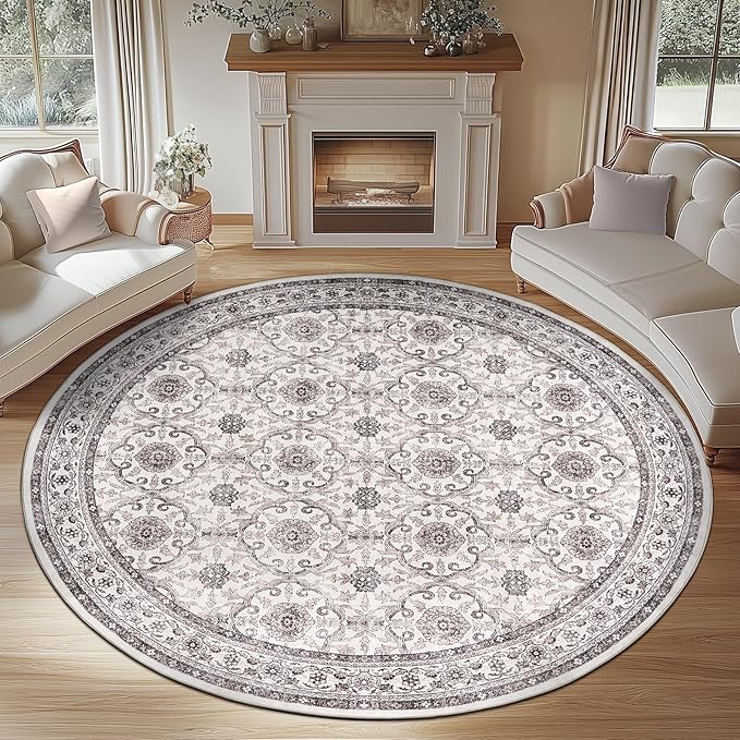jinchan Round Rug 8ft Washable Circle Soft Rug - Low Pile Vintage 8'Round Indoor Beige Floral Print Stain Resistant Boho Carpet Ultra-Thin Non-Slip for Living Room Bedroom Dining Room Kitchen-CubbioJoy