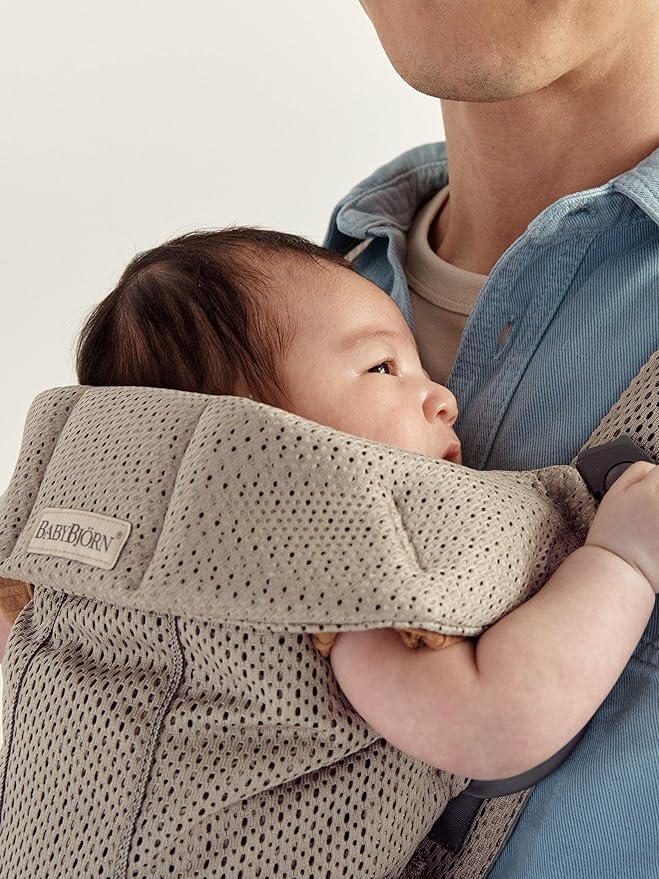 BabyBjörn Baby Carrier Mini, Gray Beige, 3D Mesh Newborn Carrier (7-25 lbs), Ergonomic, Easy-to-Use-CubbioJoy