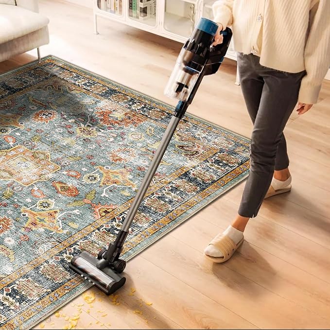 Area Rug 10'x14' Washable Vintage Traditional Mat Distressed Indoor Foldable Thin Retro Accent Floral Print Non Slip Carpet for Living Room Dining Room Office-CubbioJoy