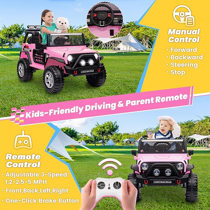 24V 4WD Ride on Truck Car w/800W Motors, Gift Flower, Remote Control, 2 Seaters, Light Bar, 3 Speeds, Pop Music, Power Four Wheels, 25 Volt Ride on Toy Car for Big Kids, Pink-CubbioJoy