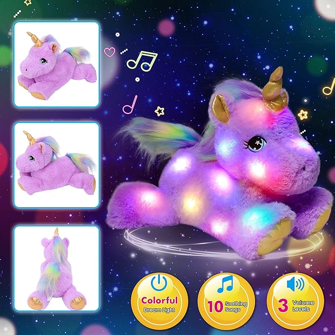 Cuteoy Glowing LED Light-up Purple Unicorn Nightlight Toys Musical Plush Stuffed Animal Singing Lullabies Birthday Christmas Plushies Gifts for Kids Boys Girls,13"-CubbioJoy