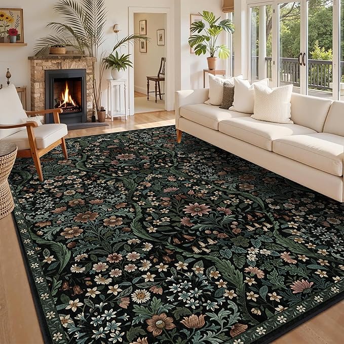 8x10 Washable Area Rug for Living Room, Large Vintage Black Floral Rugs, Soft Non-Slip Stain Resistant Boho Lightweight Carpet for Bedroom Dining Room Nursery Home Office-CubbioJoy