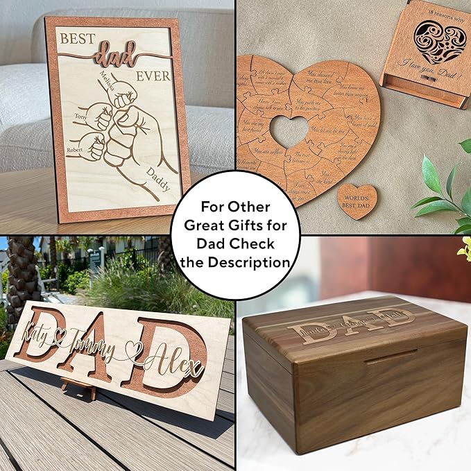 Dad Gifts from Son - Custom Engraved Wooden Box with Kids Names, Unique First Father's Day Gift Ideas, Customized Gifts for Dad for Christmas, Papa Grandpa Gift Fathers Day from Grandkids 11x8x4.75 in-CubbioJoy