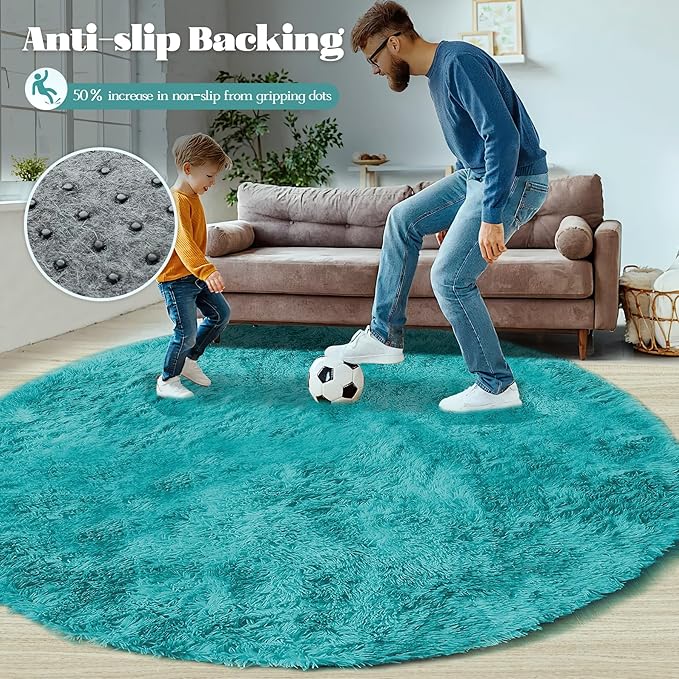 4FT Round Rug for Bedroom: Fluffy Shag Soft Washable Rugs Circle Small Fuzzy Plush Indoor Carpet for Living Room Nursery Playroom Dorm Kids Girls Boys Room (Teal Blue, 4'x4')-CubbioJoy