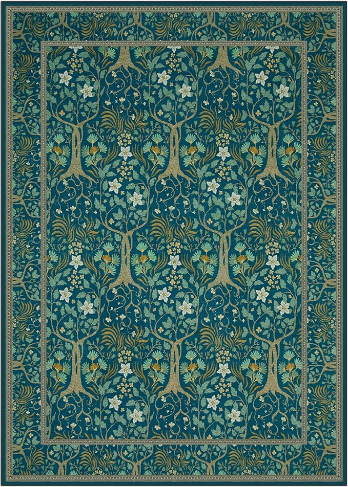 Joydeco Washable Area Rugs 5x7, Boho Floral Dining Room Rug Non Slip, Soft Low-Pile Botanical Forest Indoor Floor Throw Carpet for Living Home Office Playroom Foyer, Dark Blue-CubbioJoy