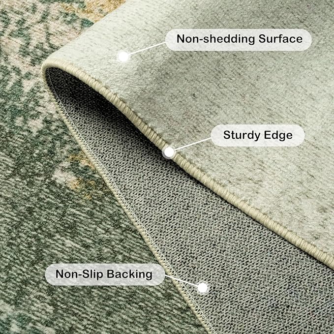 Kelarea Living Room Rug, 9x12 Rug Modern Abstract Washable Rugs, Green Vintage Low Pile Carpet, Non Slip Large Rugs for Bedroom, Dining Room, College Dorm, Home Office-CubbioJoy