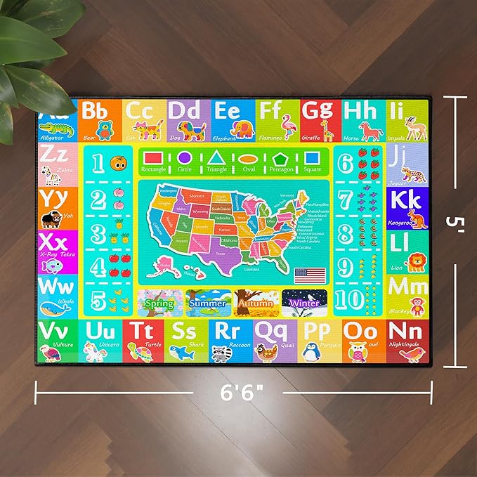ABC Rug for Kids Playroom, 5'x 6'6" Washable Classroom Area Rugs, Educational Learning Mat with Alphabet Numbers Animals Seasons Shapes for Classroom Preschool Playroom-CubbioJoy