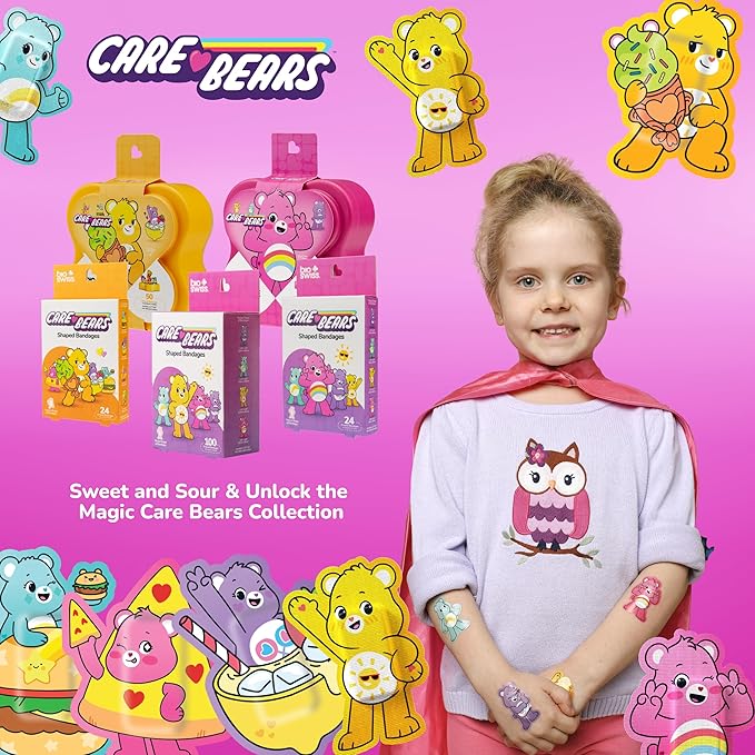 BioSwiss Care Bears Bandages, Unlock The Magic Care Bear Shaped Self Adhesive Bandage, Latex Free Sterile Wound Care, Fun First Aid Kit Supplies for Kids, 50 Count-CubbioJoy
