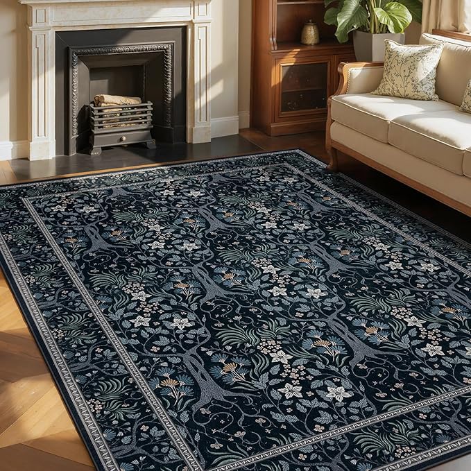 Joydeco Floral Living Room Rugs, Washable Large Bedroom Rug 8x10 Under Bed Non Slip, Soft Forest Botanical Low-Pile Floor Indoor Throw Carpet for Dining Table Home Office, Blue-Black-CubbioJoy
