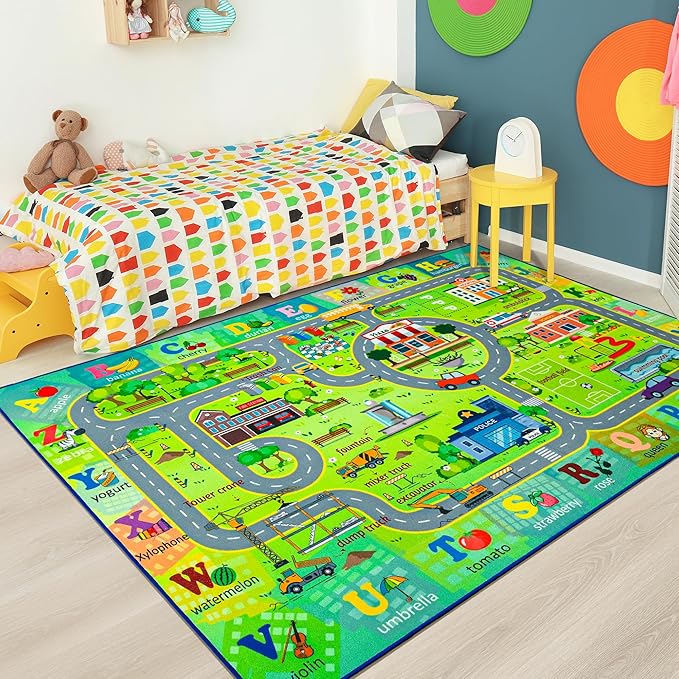 Chicrug 4x6 Car Road Area Rug for Kids Playroom Bedroom, Non Slip Low Pile Washable ABC Alphabet Carpet for Classroom, City Track Play Mat for Toddler Children Nursery Baby Room Decor, Green-CubbioJoy