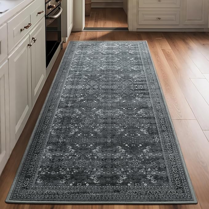 2x6 Washable Kitchen Runner Rug for Hallways, Non Slip Laundry Runners for Bathroom, Low Pile Rubber Backed Rugs for Entryway, Vintage Floral Carpet for Living Room Bedroom Black/Gray-CubbioJoy