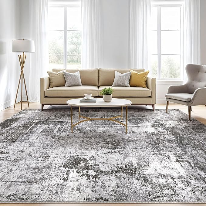 8x10 Area Rugs Living Room: Washable Large Abstract Modern Soft Rug Stain Resistant Indoor Floor Non Slip Accent Carpet for Bedroom Nursery Playroom Office Dining Room Dorm Home House- Black Grey-CubbioJoy