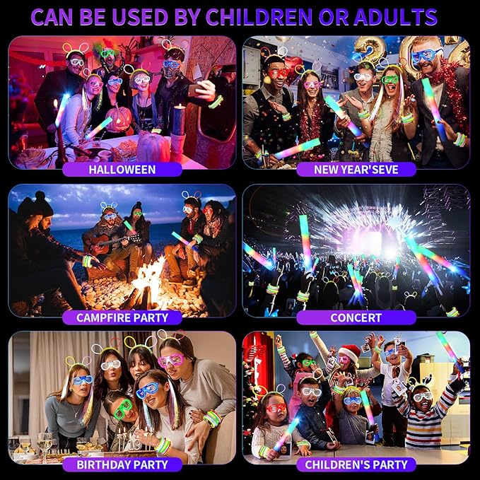 272 PCs Glow Party Supplies, 24 Foam Glow Sticks, 24 LED Glasses and 200 Glow Sticks ＆ Bracelets, 12 Glow sticks headband 12 Fiber Optic Hair Light，Glow Neon Party Favors for Wedding, Concert, Raves-CubbioJoy