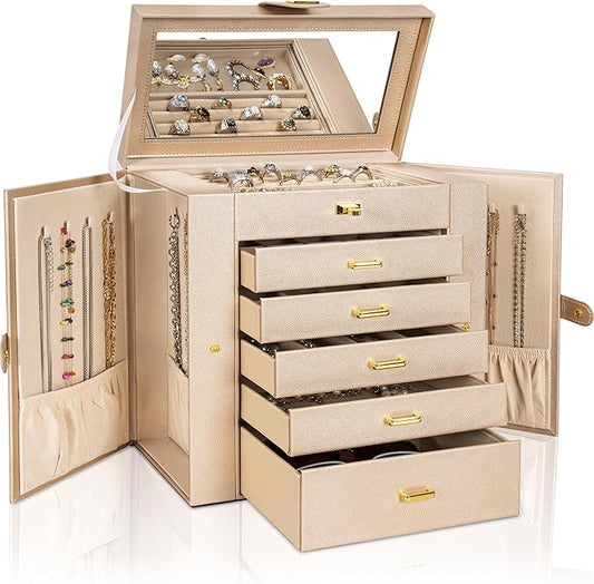 AKOZLIN Huge Jewelry Box Organizer Functional Extra Large Leather Jewelry Storage Case for Women Girls Ring Necklace Earring Bracelet Holder Organizer with Mirror-CubbioJoy