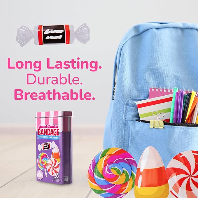 BioSwiss Bandages, Sweet Candies Shaped Self Adhesive Bandage, Latex Free Sterile Wound Care, Fun First Aid Kit Supplies for Kids and Adults, 50 Count-CubbioJoy