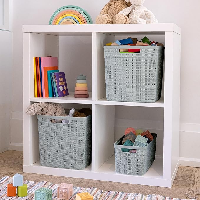 Curver Jute Decorative Plastic Organization and Storage Basket Perfect Bins for Home Office, Closet Shelves, Kitchen Pantry and All Bedroom Essentials, Set of 8 Grey-CubbioJoy