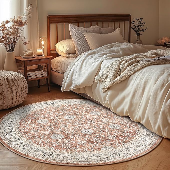 jinchan Round Rug 6ft Washable Circle Soft Rug - Low Pile Vintage 6'Round Indoor Orange Floral Print Stain Resistant Boho Carpet Ultra-Thin Non-Slip for Living Room Nursery Bedroom Dining Room Kitchen-CubbioJoy