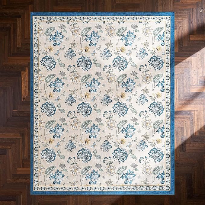 jinchan 8x10 Floral Rug for Living Room Washable Bedroom Rug Vintage Romance Design Non Slip Thin Indoor Floor Cover Large Low-Profile Throw Carpet for Dining Room Office, Blue/Beige-CubbioJoy